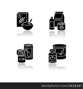 Food items drop shadow black glyph icons set. Cereal in bowl. Pet care products. Shampoo for dogs. Canned meat soups. Baby food instant formula. Isolated vector illustrations on white space. Food items drop shadow black glyph icons set