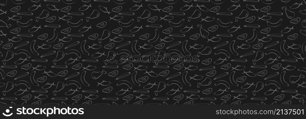 Food items on a black background, fish, meat and sausage. Seamless banner.