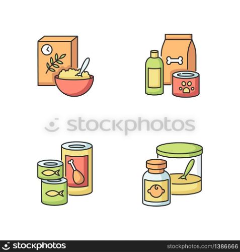 Food items RGB color icons set. Cereal in bowl for breakfast. Pet care products. Shampoo for dogs. Domestic animal food. Canned meat soups. Baby food instant formula. Isolated vector illustrations. Food items RGB color icons set