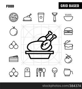 Food Line Icons Set For Infographics, Mobile UX/UI Kit And Print Design. Include: Spice, Chili, Hot, Pepper, Cake, Sweet, Food, Meal, Collection Modern Infographic Logo and Pictogram. - Vector