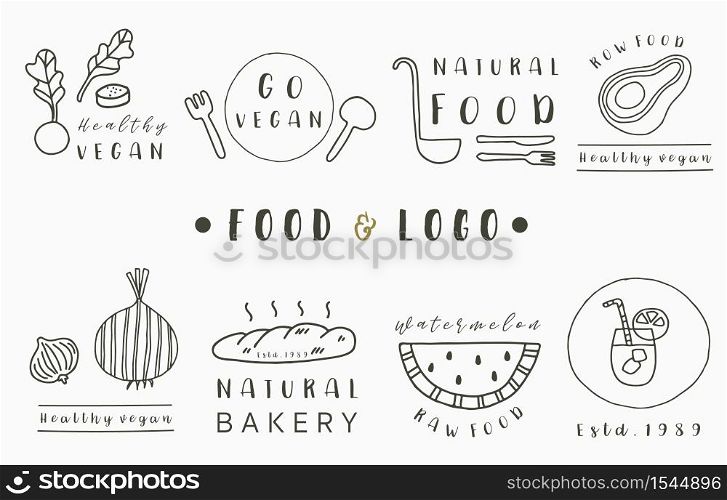 food logo collection with beatroot,bread,avocado,watermelon.Vector illustration for icon,logo,sticker,printable and tattoo
