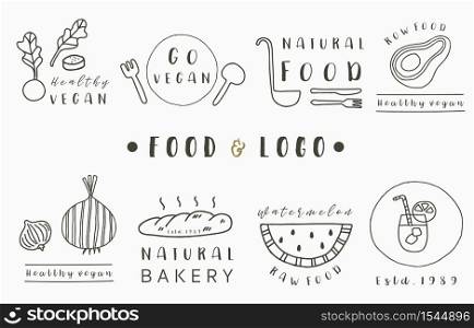 food logo collection with beatroot,bread,avocado,watermelon.Vector illustration for icon,logo,sticker,printable and tattoo