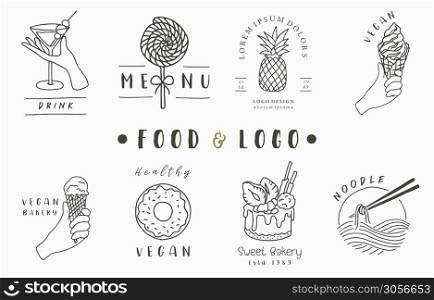 food logo collection with cake,drink,noodle,ice cream.Vector illustration for icon,logo,sticker,printable and tattoo