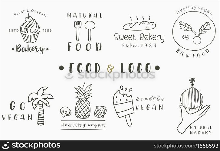 food logo collection with pineapple,bread,coconut tree,ice cream.Vector illustration for icon,logo,sticker,printable and tattoo