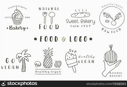 food logo collection with pineapple,bread,coconut tree,ice cream.Vector illustration for icon,logo,sticker,printable and tattoo