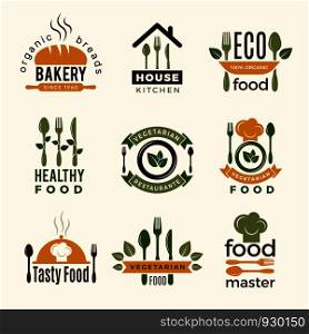 Food logos. Healthy kitchen restaurant buildings cooking house spoon and fork food vector symbols for design projects. Green emblem logo badge for restaurant ecological food illustration. Food logos. Healthy kitchen restaurant buildings cooking house spoon and fork food vector symbols for design projects