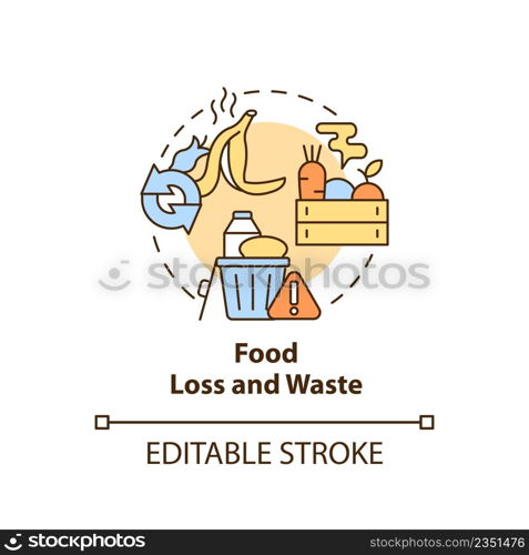 Food loss and waste concept icon. Challenges to achieving food security abstract idea thin line illustration. Isolated outline drawing. Editable stroke. Arial, Myriad Pro-Bold fonts used. Food loss and waste concept icon