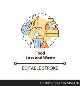 Food loss and waste concept icon. Challenges to achieving food security abstract idea thin line illustration. Isolated outline drawing. Editable stroke. Arial, Myriad Pro-Bold fonts used. Food loss and waste concept icon
