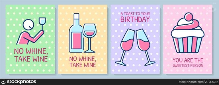 Food lovers greeting card with color icon element set. Drinking wine. Sweet person. Postcard vector design. Decorative flyer with creative illustration. Notecard with congratulatory message. Food lovers greeting card with color icon element set