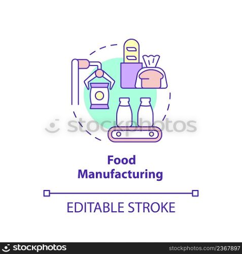 Food manufacturing concept icon. Production and processing. Business subsector abstract idea thin line illustration. Isolated outline drawing. Editable stroke. Arial, Myriad Pro-Bold fonts used. Food manufacturing concept icon