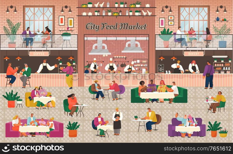 Food market bakery and coffee departments. People eating and drinking beverages outdoors. Eat in cafe restaurant or bar. Breakfast, lunch or dinner out. Cooks with customers. Eating out illustration. People Eating Out, Food Market Bakery and Coffee
