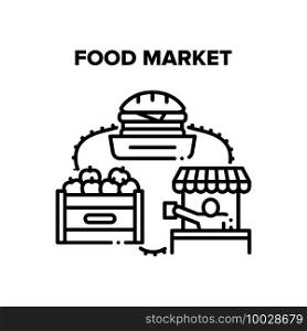 Food Market Vector Icon Concept. Food Market Counter And Tent, Delicious Fresh Fruit Package And Burger Fat Unhealthy Meal. Seller Selling Eatery Nutrition Product Black Illustration. Food Market Vector Black Illustrations