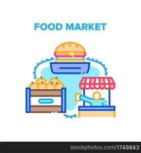 Food Market Vector Icon Concept. Food Market Counter And Tent, Delicious Fresh Fruit Package And Burger Fat Unhealthy Meal. Seller Selling Eatery Nutrition Product Color Illustration. Food Market Vector Concept Color Illustration