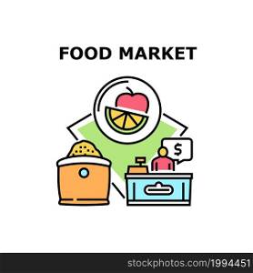 Food Market Vector Icon Concept. Vitamin Apple And Orange Citrus, Cereal And Sugar Sale Grocery Food Market. Seller Working In Shop Supermarket And Selling Nutrition Color Illustration. Food Market Vector Concept Color Illustration