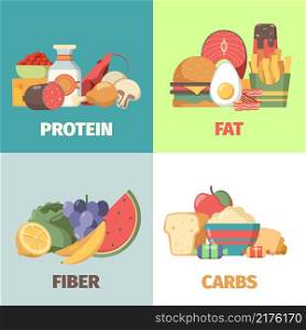 Food nutrition. Proteins fats carbohydrates fiber health products for natural diet nutrition group garish vector cartoon illustrations. Protein and fat, nutrition carbohydrate calories. Food nutrition. Proteins fats carbohydrates fiber health products for natural diet nutrition group garish vector cartoon illustrations