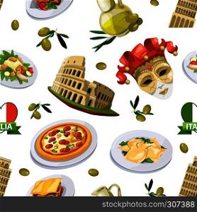 Food of italy cuisine. Illustration of different national elements. Vector seamless pattern national italy food and italian monuments. Food of italy cuisine. Illustration of different national elements. Vector seamless pattern