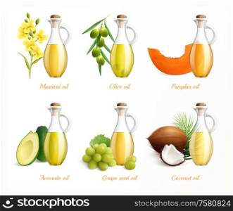 Food oils realistic icon set with mustard olive pumpkin avocado grape seed and coconut oils vector illustration