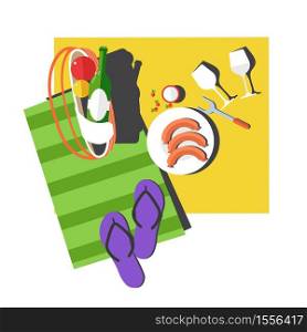 Food on blanket picnic summer outdoor activity or leisure vector vegetables and wine sausages on plate wineglasses and bottle fork, and flip flops snack and drink bbq or grill cooking ingredients. Picnic summer outdoor activity or leisure and food on blanket