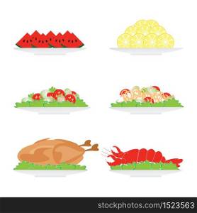 Food on plate isolated on white background, salad, turkey, yummy, prawn and fruit vector illustration.
