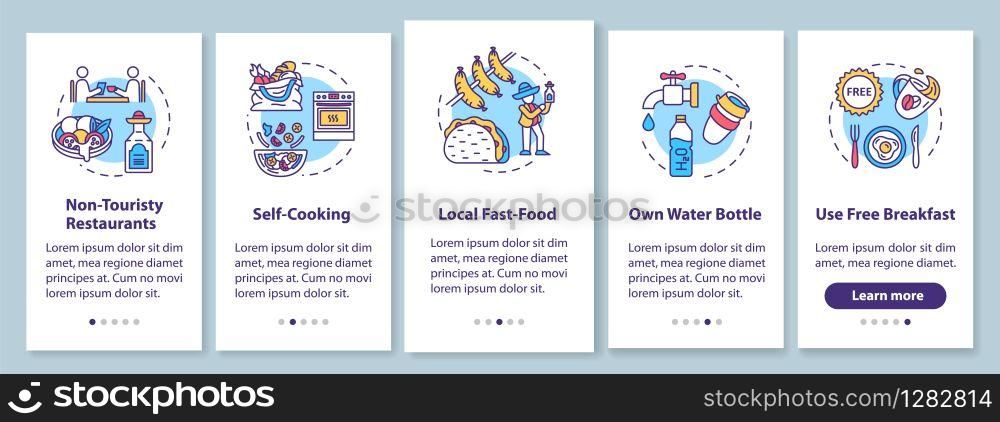 Food onboarding mobile app page screen with concepts. Non touristy restaurants. Self cooking. Budget traveling walkthrough 5 steps graphic instructions. UI vector template with RGB color illustrations