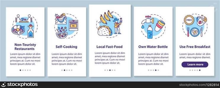 Food onboarding mobile app page screen with concepts. Non touristy restaurants. Self cooking. Budget traveling walkthrough 5 steps graphic instructions. UI vector template with RGB color illustrations