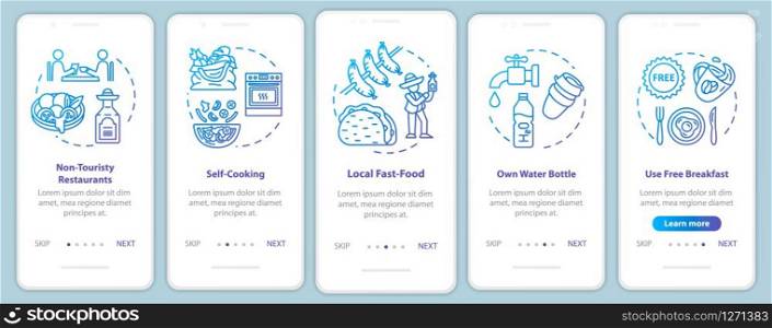 Food onboarding mobile app page screen with concepts. Self catering. Supermarkets. Budget tourism walkthrough five steps graphic instructions. UI vector template with RGB color illustrations