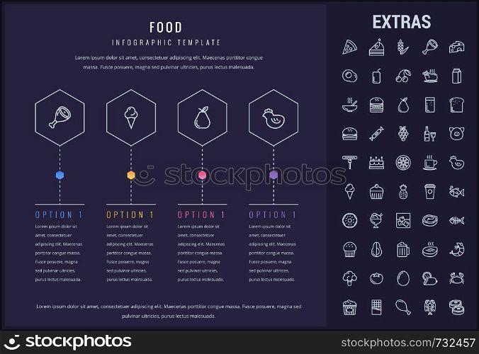 Food options infographic template, elements and icons. Infograph includes line icon set with food ingredients, restaurant meal, fruit and vegetables, sweet snacks, fast food, eat plan, cheese etc.. Food infographic template, elements and icons.