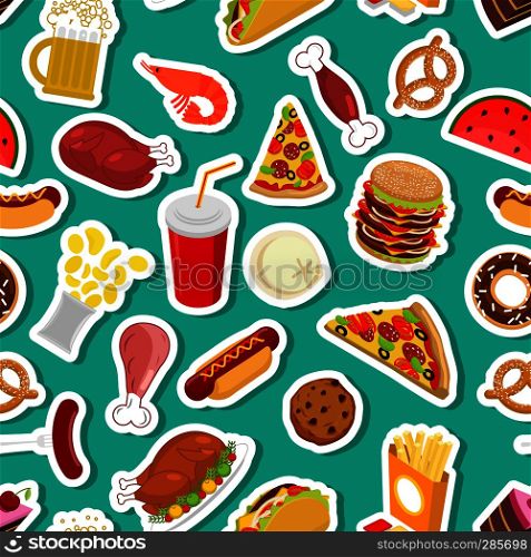Food ornament. Feed pattern. meat background. Pizza and taco. French fries and hamburger. Hotdog and cookies. Baked turkey and watermelon. Pork and cake. Donuts and dumplings