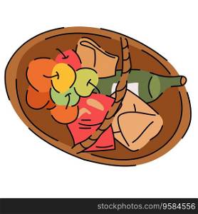 Food outdoors. Picnic basket with food, fruits, drinks. meal Food and drink illustration. Picnic basket with food, fruits, drinks. meal