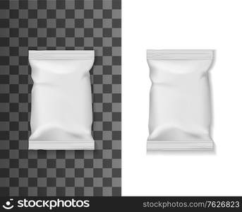 Food package mockup, pouch bag or sachet pack of white plastic foil, blank vector 3D template. Realistic blank white glossy pouch bag, sachet pack or doypack for snacks or dry food wrap package. Food package mockup, pouch bag, sachet pack