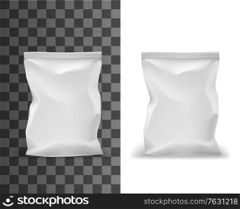 Food package mockup, pouch bag or white sachet pack of plastic foil, vector 3D template. Realistic blank white glossy pouch bag, sachet pack, snacks or dry food doypack wrap package with sealed sides. Food package mockup, pouch bag, white sachet pack