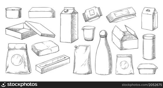 Food package sketch. Hand drawn cardboard box for meal or drink. Lunch container and paper pouch. Snack and beverage pack. Grocery can and bottle engraving. Vector isolated products packaging set. Food package sketch. Hand drawn cardboard box for meal or drink. Container and paper pouch. Snack and beverage pack. Grocery can and bottle engraving. Vector products packaging set