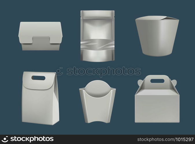 Food packaged. Blank cardboard and plastic package for products fast delivery vector realistic mockup. Illustration of package and pack for fast food delivery. Food packaged. Blank cardboard and plastic package for products fast delivery vector realistic mockup