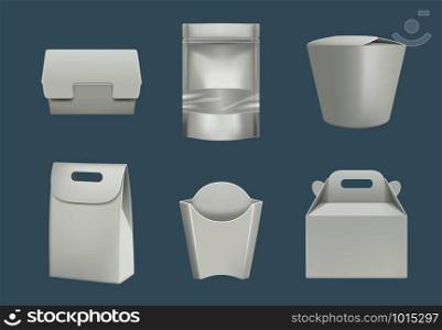 Food packaged. Blank cardboard and plastic package for products fast delivery vector realistic mockup. Illustration of package and pack for fast food delivery. Food packaged. Blank cardboard and plastic package for products fast delivery vector realistic mockup