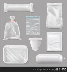 Food packaging for different snack products, design pack template for branding, merchandise, plastic retail package, sachet, packet, bag, pouch, box, white foil, sack, tray made of plastic, vector set mock up