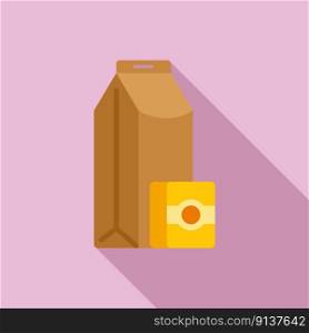 Food paper bag icon flat vector. School lunch. Drink eating. Food paper bag icon flat vector. School lunch