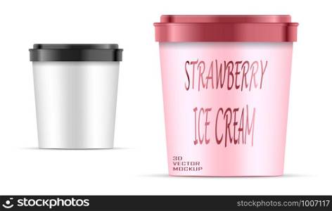 Food paper bucket Container For Dessert, Yogurt, Ice Cream, Sour Sream Or Snack. Realistic pot with plastic lid template and sample container design 3d mockup. Product Packaging Vector EPS10. Food paper bucket Container For Dessert, Yogurt