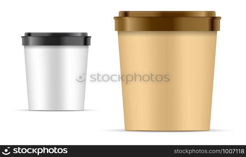 Food paper bucket Container For Dessert, Yogurt, Ice Cream, Sour Sream Or Snack. Realistic pot with plastic lid template and sample container design 3d mockup. Product Packaging. Vector. Food paper bucket Container For Dessert, Yogurt