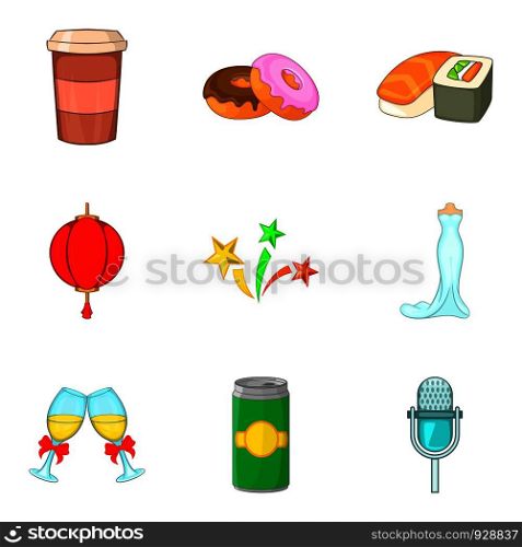 Food party icon set. Cartoon set of 9 food party vector icons for web design isolated on white background. Food party icon set, cartoon style