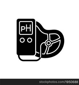 Food pH measurement black glyph icon. Products acidity and alkalinity amount. Nutrition pH value. Food test with pH meter. Silhouette symbol on white space. Vector isolated illustration. Food pH measurement black glyph icon