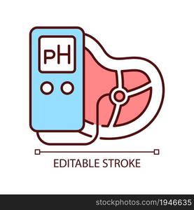 Food pH measurement RGB color icon. Products acidity and alkalinity amount. Nutrition pH value. Food test with pH meter. Isolated vector illustration. Simple filled line drawing. Editable stroke. Food pH measurement RGB color icon