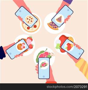 Food photo. Bloggers photography foods on phone and share in social media. Friends restaurant meeting, people group hold smartphone utter vector concept. Illustration blogger photography food. Food photo. Bloggers photography foods on phone and share in social media. Friends restaurant meeting, people group hold smartphone utter vector concept