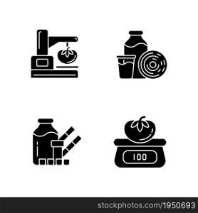 Food physical property test black glyph icons set on white space. Visual appearance evaluation. Weighing and measuring. Molecular and bacterial count. Silhouette symbols. Vector isolated illustration. Food physical property test black glyph icons set on white space
