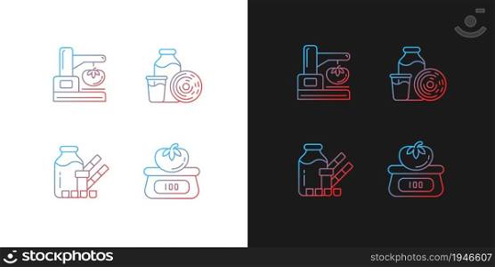 Food physical property test gradient icons set for dark and light mode. Weighing and measuring. Thin line contour symbols bundle. Isolated vector outline illustrations collection on black and white. Food physical property test gradient icons set for dark and light mode