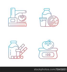 Food physical property test gradient linear vector icons set. Visual appearance evaluation. Weighing and measuring. Thin line contour symbols bundle. Isolated outline illustrations collection. Food physical property test gradient linear vector icons set