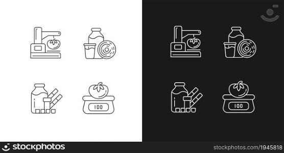 Food physical property test linear icons set for dark and light mode. Weighing and measuring. Physical analysis. Customizable thin line symbols. Isolated vector outline illustrations. Editable stroke. Food physical property test linear icons set for dark and light mode