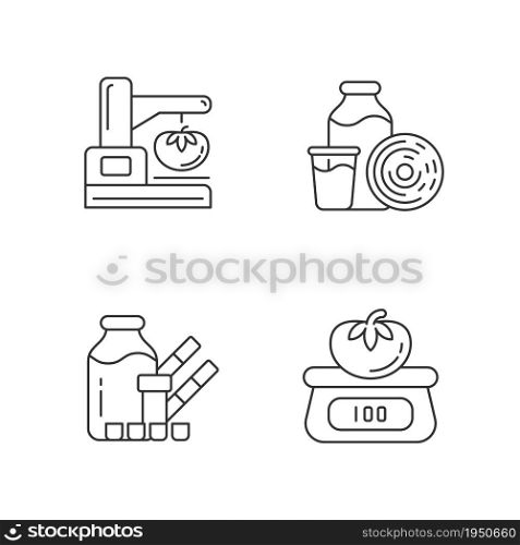 Food physical property test linear icons set. Visual appearance evaluation. Weighing and measuring. Customizable thin line contour symbols. Isolated vector outline illustrations. Editable stroke. Food physical property test linear icons set