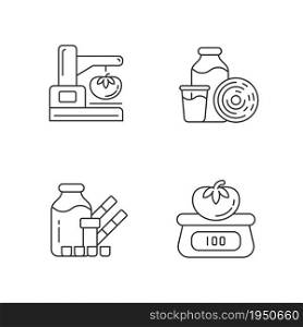 Food physical property test linear icons set. Visual appearance evaluation. Weighing and measuring. Customizable thin line contour symbols. Isolated vector outline illustrations. Editable stroke. Food physical property test linear icons set