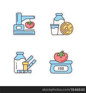 Food physical property test RGB color icons set. Visual appearance evaluation. Weighing and measuring. Isolated vector illustrations. Simple filled line drawings collection. Editable stroke. Food physical property test RGB color icons set