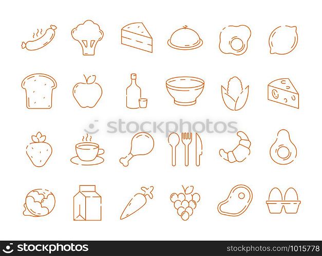 Food pictogram. Kitchen menu fresh products vegetables bread fish chicken vector thin line icon collection. Illustration of fresh bread and fruit, vegetable. Food pictogram. Kitchen menu fresh products vegetables bread fish chicken vector thin line icon collection